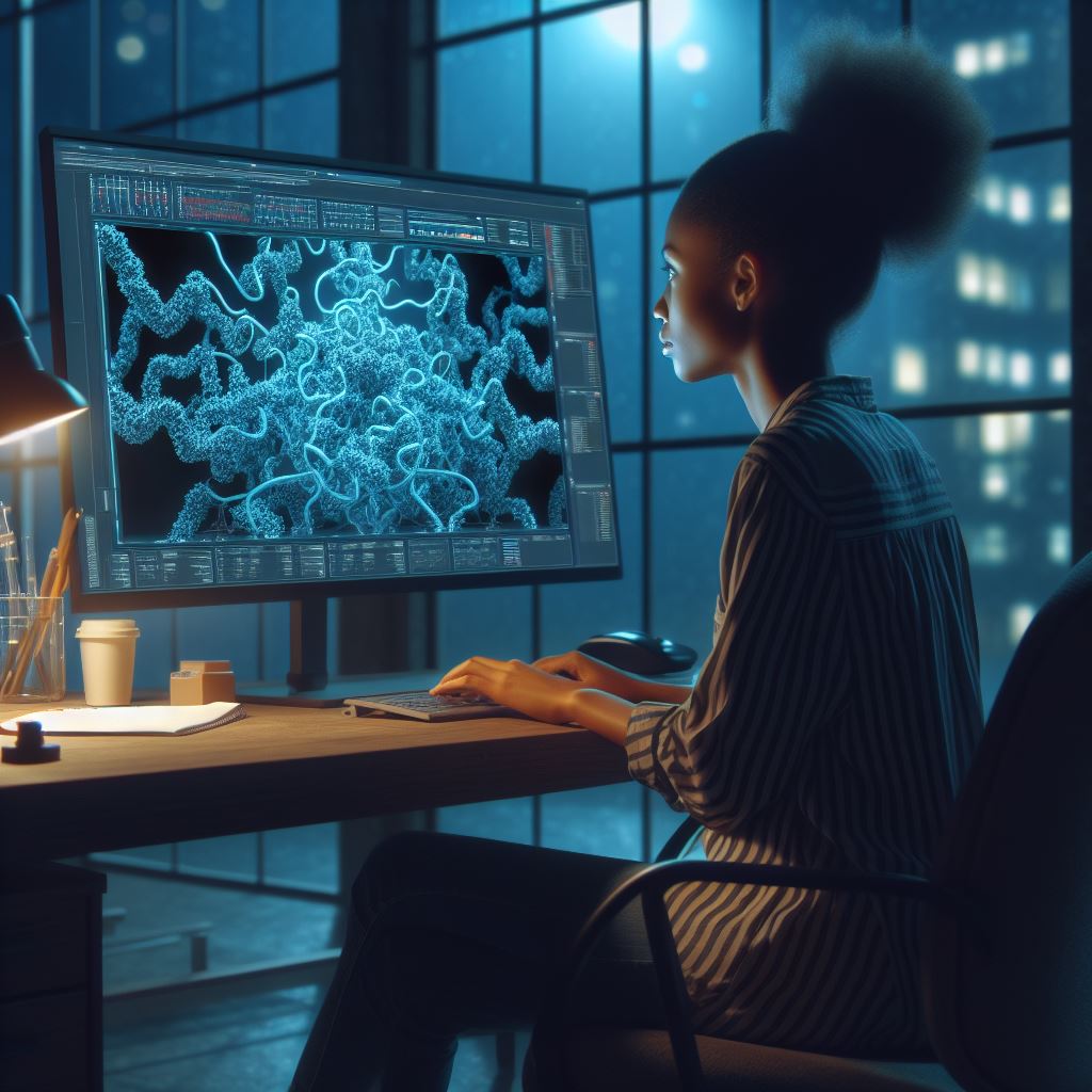a human late in the evening in a resarch lab. Sitting in front of a screen. The screen shows a protein structure. nerdy. Dense and tense. excitement is in the air